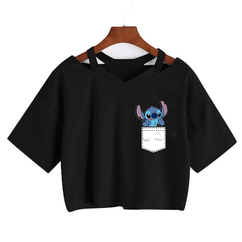 Camiseta de Disney Kawaii Lilo Stitch con divertidos dibujos animados para mujer, camiseta de Manga de punto, camiseta gráfica Y2k, Top corto de calle, camisetas para mujer 