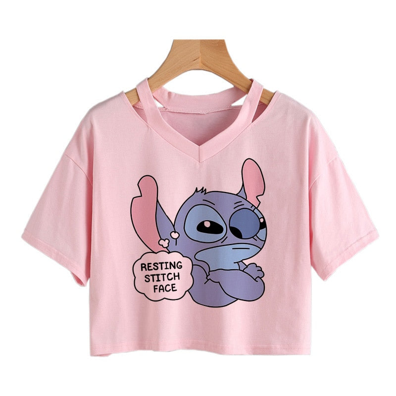 Camiseta de Disney Kawaii Lilo Stitch con divertidos dibujos animados para mujer, camiseta de Manga de punto, camiseta gráfica Y2k, Top corto de calle, camisetas para mujer 