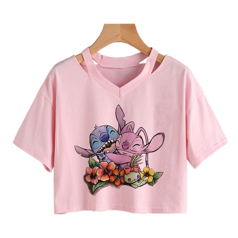 Camiseta de Disney Kawaii Lilo Stitch con divertidos dibujos animados para mujer, camiseta de Manga de punto, camiseta gráfica Y2k, Top corto de calle, camisetas para mujer 