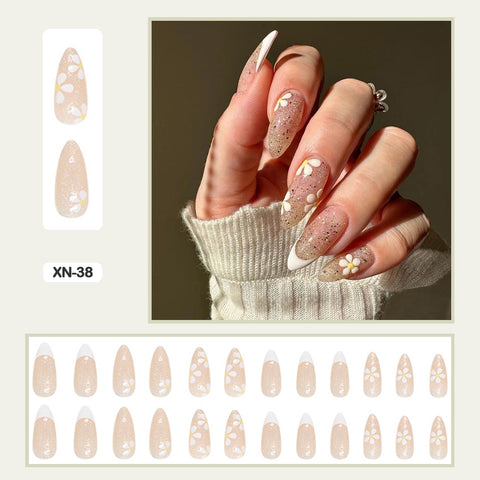 24pcs Fresh Lovely Pink Purple Blue Summer Flower Water Drop Shaped Fake Nails With Glue Wearable False Nails With Wearing Tools