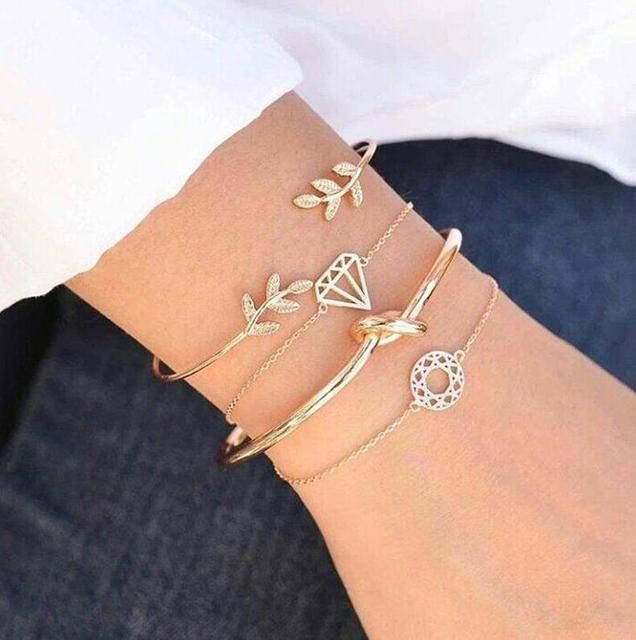 4pcs/Set Fashion Bohemia Leaf Knot Hand Cuff Link Chain Charm Bracelet Bangle for Women Gold Bracelets Femme Jewelry 6115